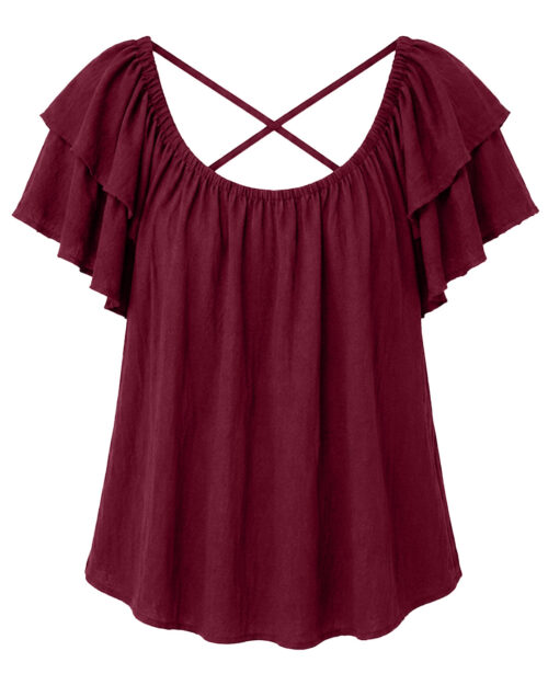 Blusa Maia: blusa fluida de bambula con escote barco elástico, tirantes finos cruzados en la espalda y mangas de doble volante de Quiles_Shop.