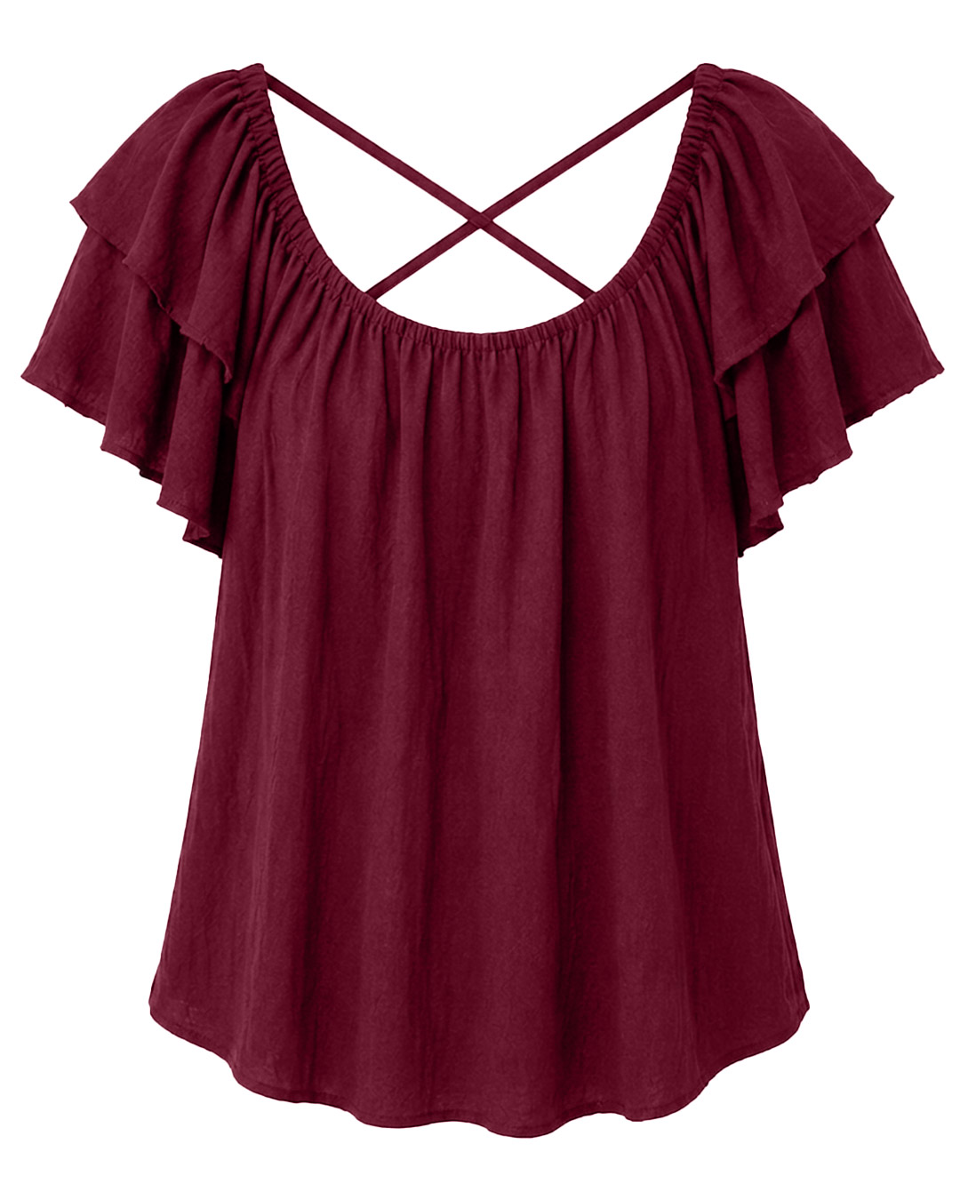 Blusa Maia: blusa fluida de bambula con escote barco elástico, tirantes finos cruzados en la espalda y mangas de doble volante de Quiles_Shop.