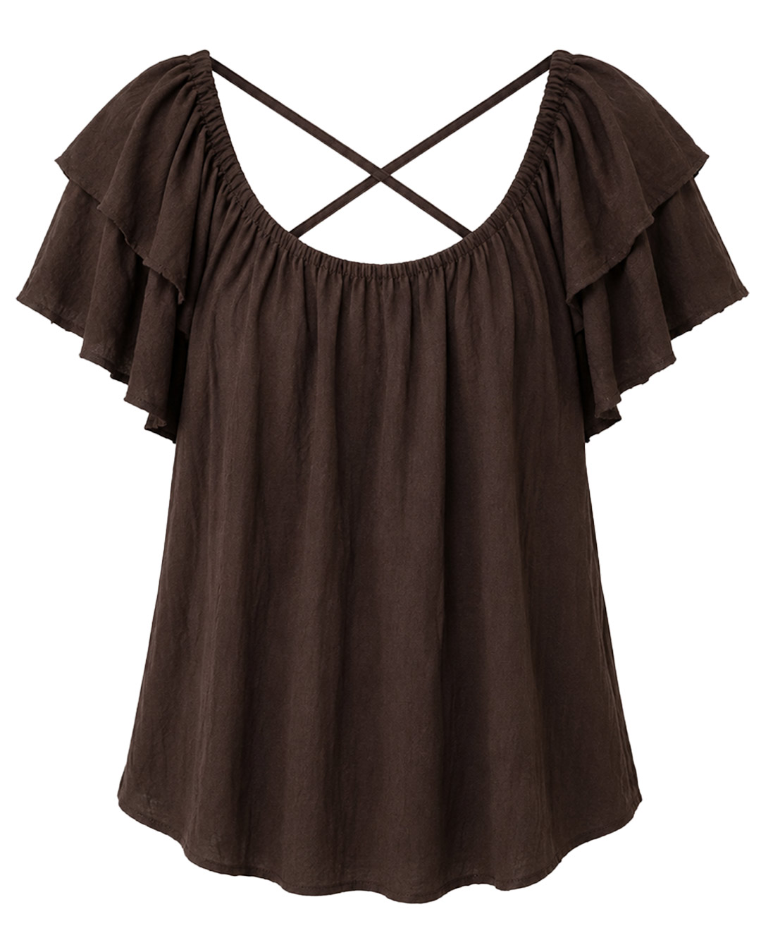 Blusa Maia: blusa fluida de bambula con escote barco elástico, tirantes finos cruzados en la espalda y mangas de doble volante de Quiles_Shop.
