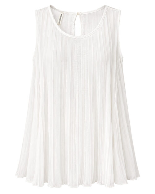 Blusa Plisada: blusa blanca sin mangas para mujeres reales de tallas curvy con diseño totalmente plisado en vertical, cuello redondo y lágrima trasera con botón de Quiles_Shop.