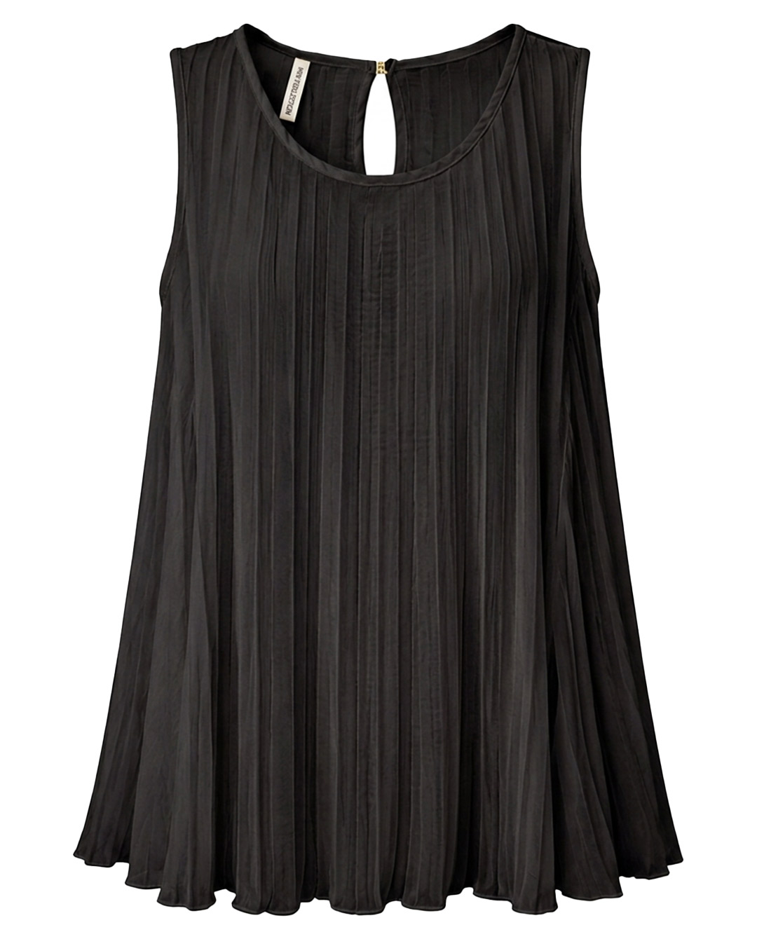 Blusa Plisada: blusa negra sin mangas para mujeres reales de tallas curvy con diseño totalmente plisado en vertical, cuello redondo y lágrima trasera con botón de Quiles_Shop.