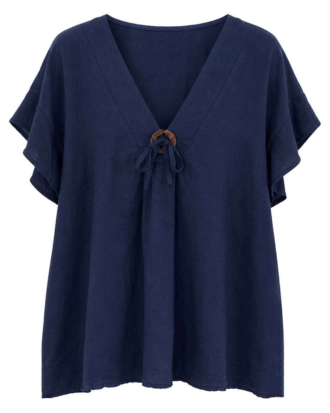 Blusa Rústica: blusa de manga corta y corte fluido para mujeres reales con un pronunciado escote en pico rematado por una lazada decorativa con hebilla redonda de madera de Quiles_Shop.