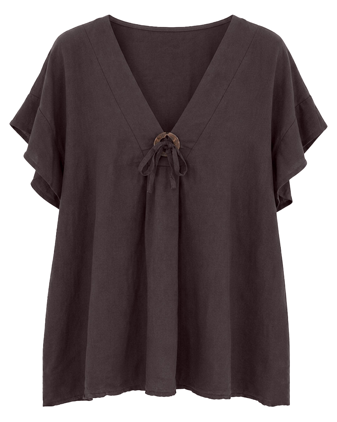 Blusa Rústica: blusa de manga corta y corte fluido para mujeres reales con un pronunciado escote en pico rematado por una lazada decorativa con hebilla redonda de madera de Quiles_Shop.
