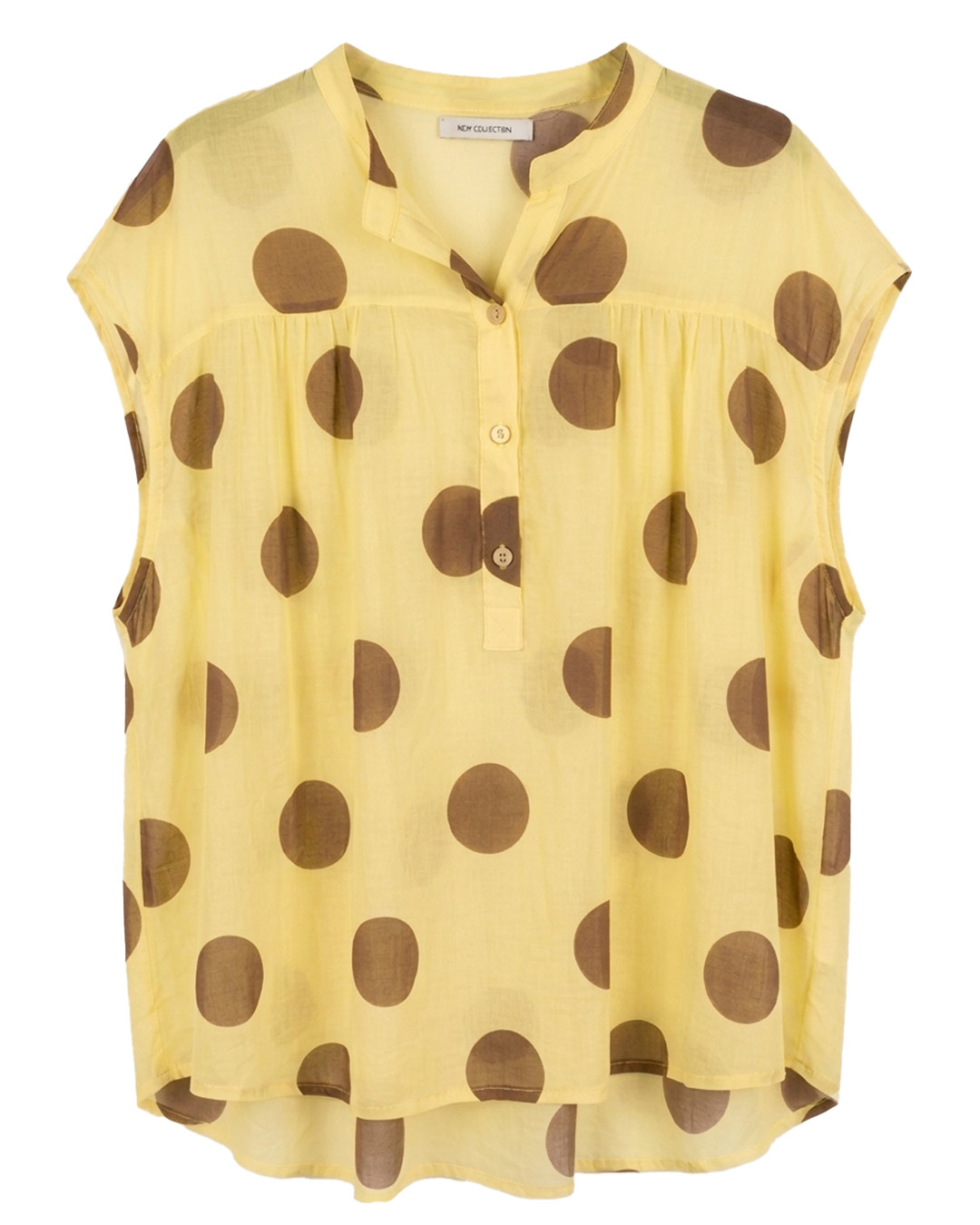 Blusa Eclipse: blusa holgada sin mangas para mujeres reales de tallas curvy con estampado de lunares grandes, cuello mao y botones delanteros de Quiles_Shop.