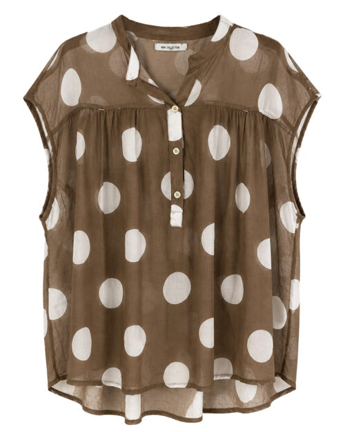 Blusa Eclipse: blusa holgada sin mangas para mujeres reales de tallas curvy con estampado de lunares grandes, cuello mao y botones delanteros de Quiles_Shop.
