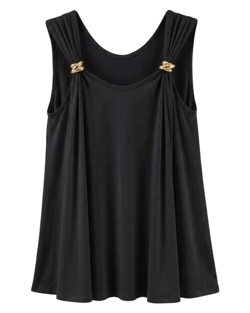 Camiseta Atenea: camiseta de diario de tirantes anchos color negro con anillas doradas ajustables en el escote de Quiles_Shop.