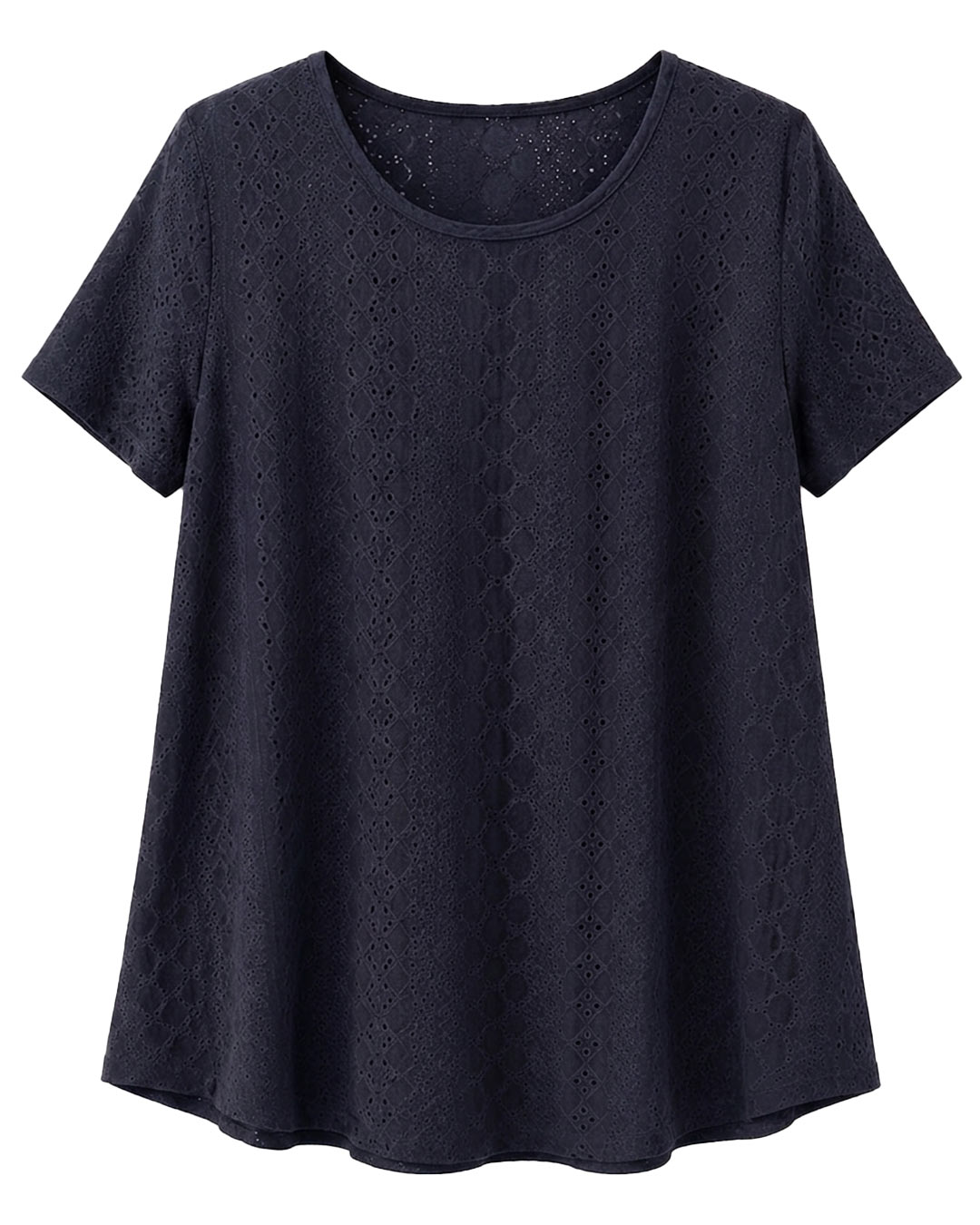 Camiseta Cala: camiseta suelta de corte en A de punto calado de viscosa para mujeres reales de tallas curvy con cuello redondo, manga corta elástica y bajo redondeado de Quiles_Shop.