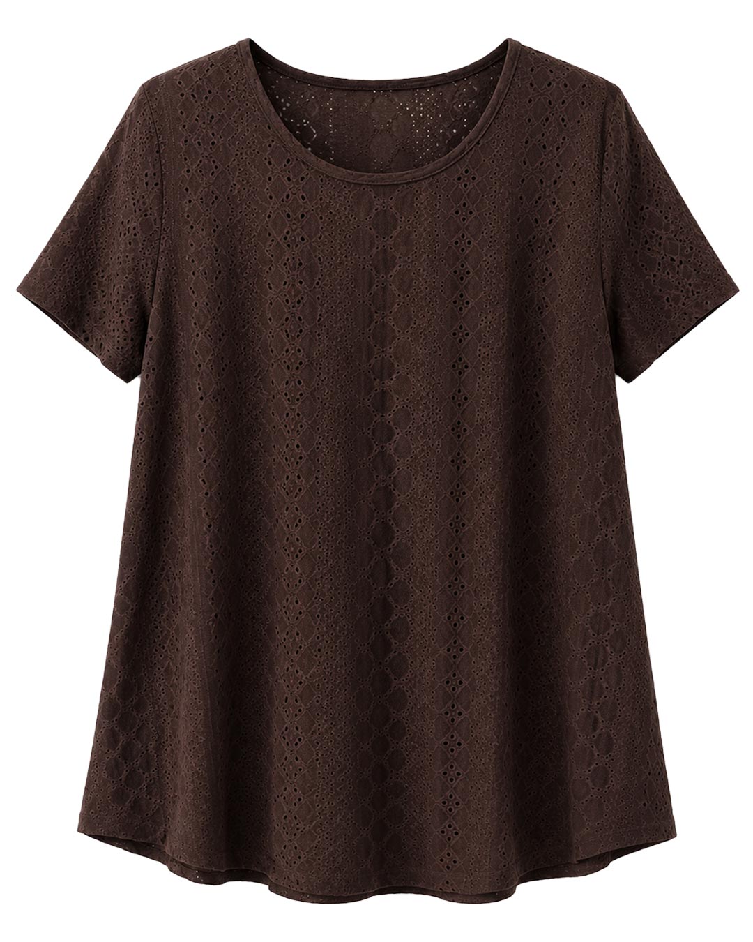 Camiseta Cala: camiseta suelta de corte en A de punto calado de viscosa para mujeres reales de tallas curvy con cuello redondo, manga corta elástica y bajo redondeado de Quiles_Shop.