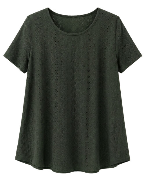 Camiseta Cala: camiseta suelta de corte en A de punto calado de viscosa para mujeres reales de tallas curvy con cuello redondo, manga corta elástica y bajo redondeado de Quiles_Shop.