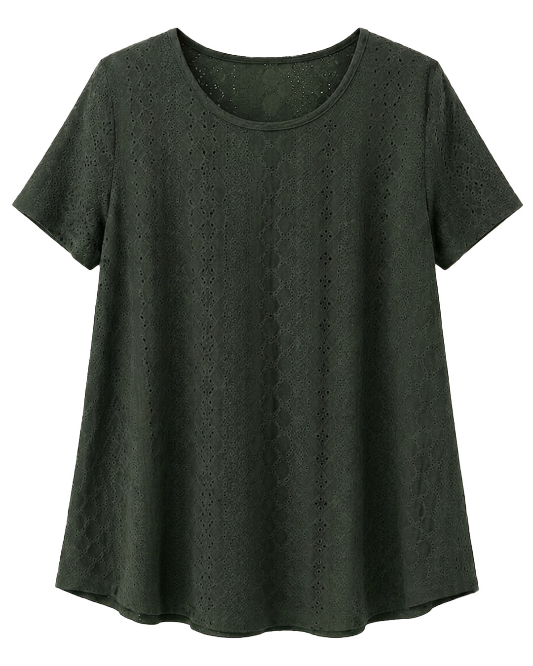 Camiseta Cala: camiseta suelta de corte en A de punto calado de viscosa para mujeres reales de tallas curvy con cuello redondo, manga corta elástica y bajo redondeado de Quiles_Shop.
