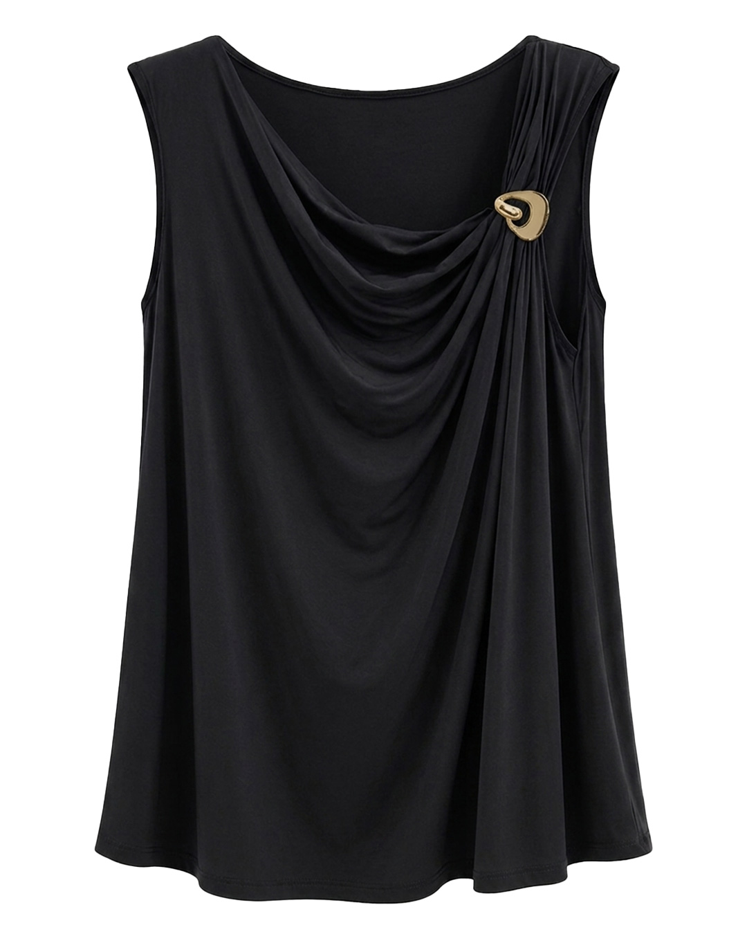 Camiseta Coliseo: camiseta de diario sin mangas color negro en punto de viscosa elástica con escote drapeado asimétrico y broche dorado de Quiles_Shop.