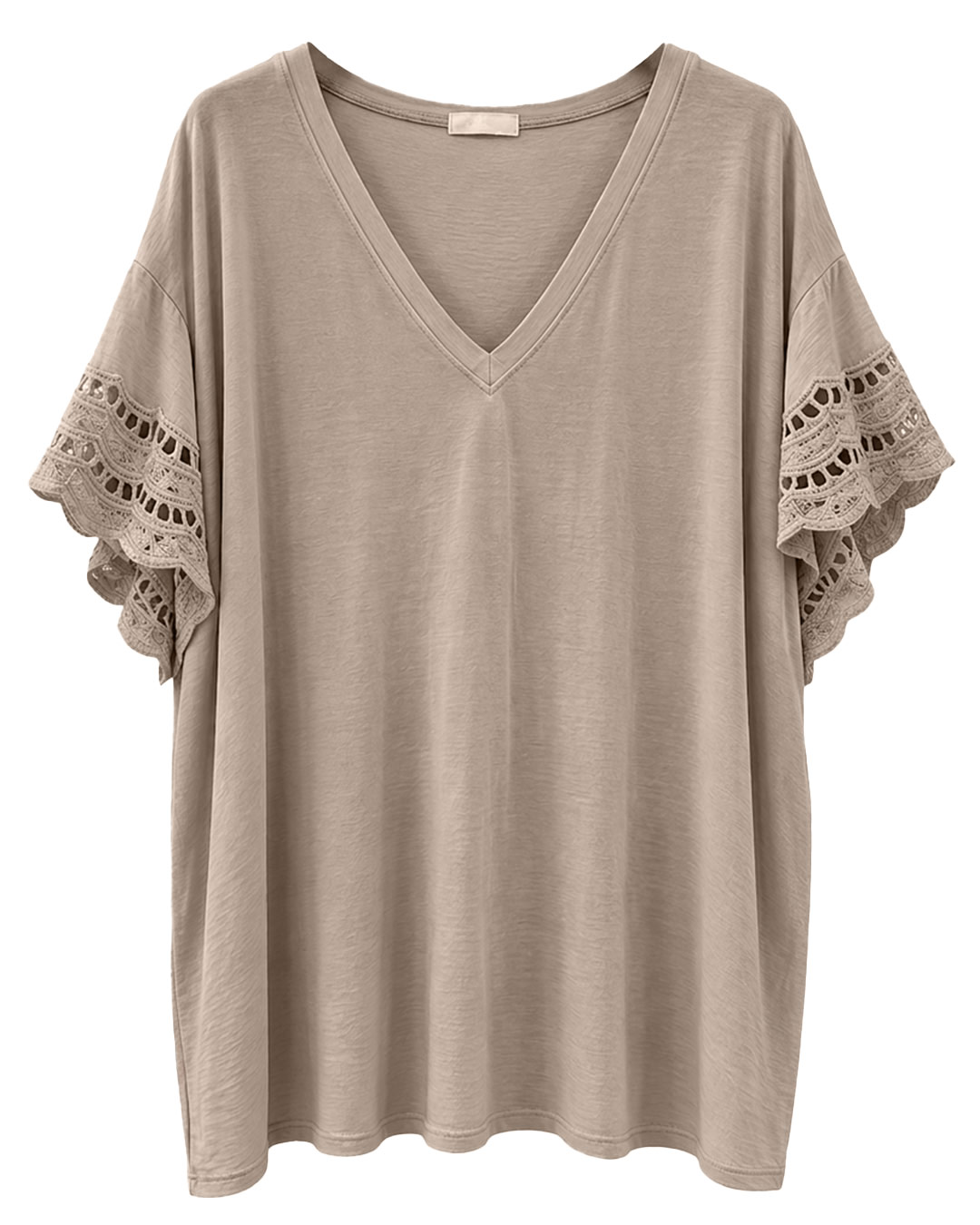 Camiseta Duna: camiseta fluida de algodón para mujeres reales con escote en pico y mangas cortas de volantes decoradas con encaje de guipur calado de Quiles_Shop.
