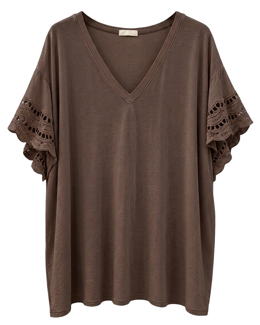 Camiseta Duna: camiseta fluida de algodón para mujeres reales con escote en pico y mangas cortas de volantes decoradas con encaje de guipur calado de Quiles_Shop.