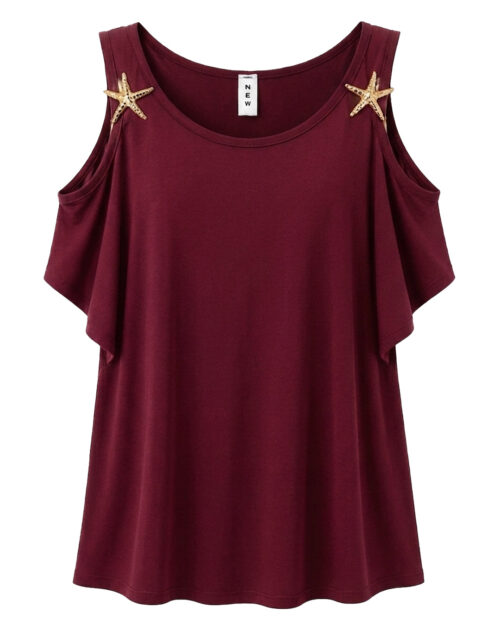 Camiseta Estrellas: camiseta en color burdeos en viscosa fluida con hombros descubiertos y apliques dorados de estrellas de mar en los tirantes de Quiles_Shop.