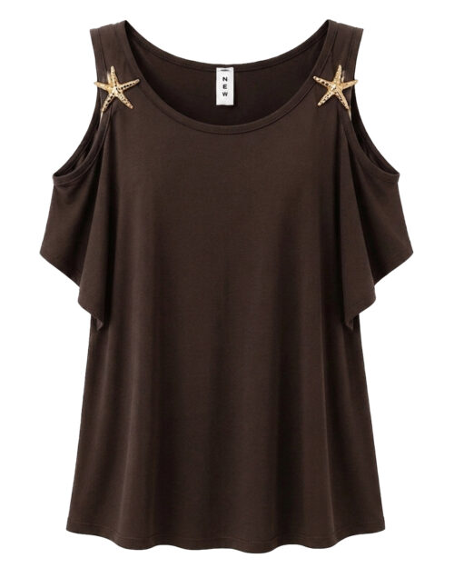 Camiseta Estrellas: camiseta en color marrón en viscosa fluida con hombros descubiertos y apliques dorados de estrellas de mar en los tirantes de Quiles_Shop.