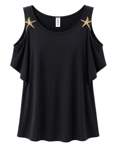 Camiseta Estrellas: camiseta en color negro en viscosa fluida con hombros descubiertos y apliques dorados de estrellas de mar en los tirantes de Quiles_Shop.
