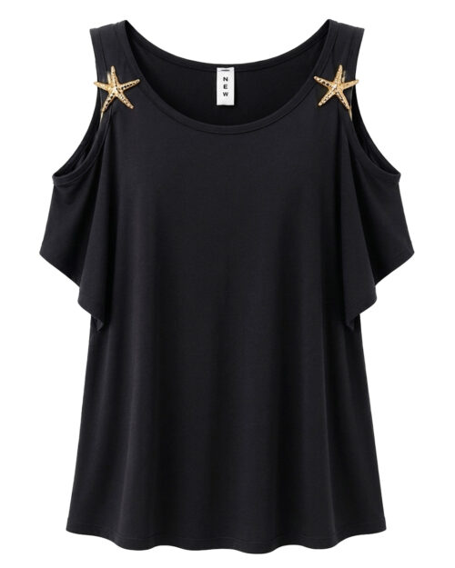 Camiseta Estrellas: camiseta en color negro en viscosa fluida con hombros descubiertos y apliques dorados de estrellas de mar en los tirantes de Quiles_Shop.