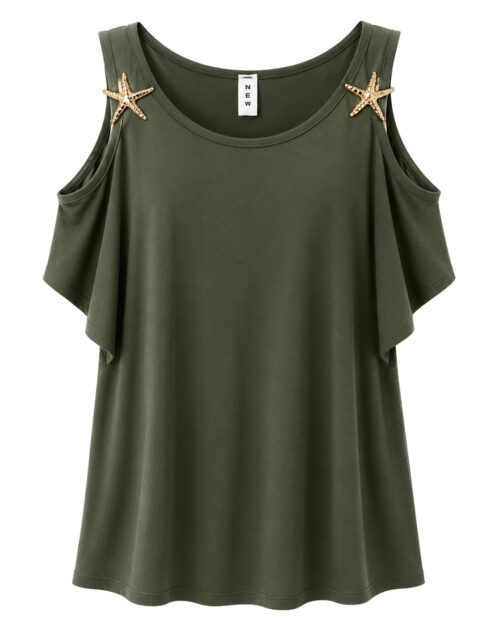 Camiseta Estrellas: camiseta en color verde militar en viscosa fluida con hombros descubiertos y apliques dorados de estrellas de mar en los tirantes de Quiles_Shop.