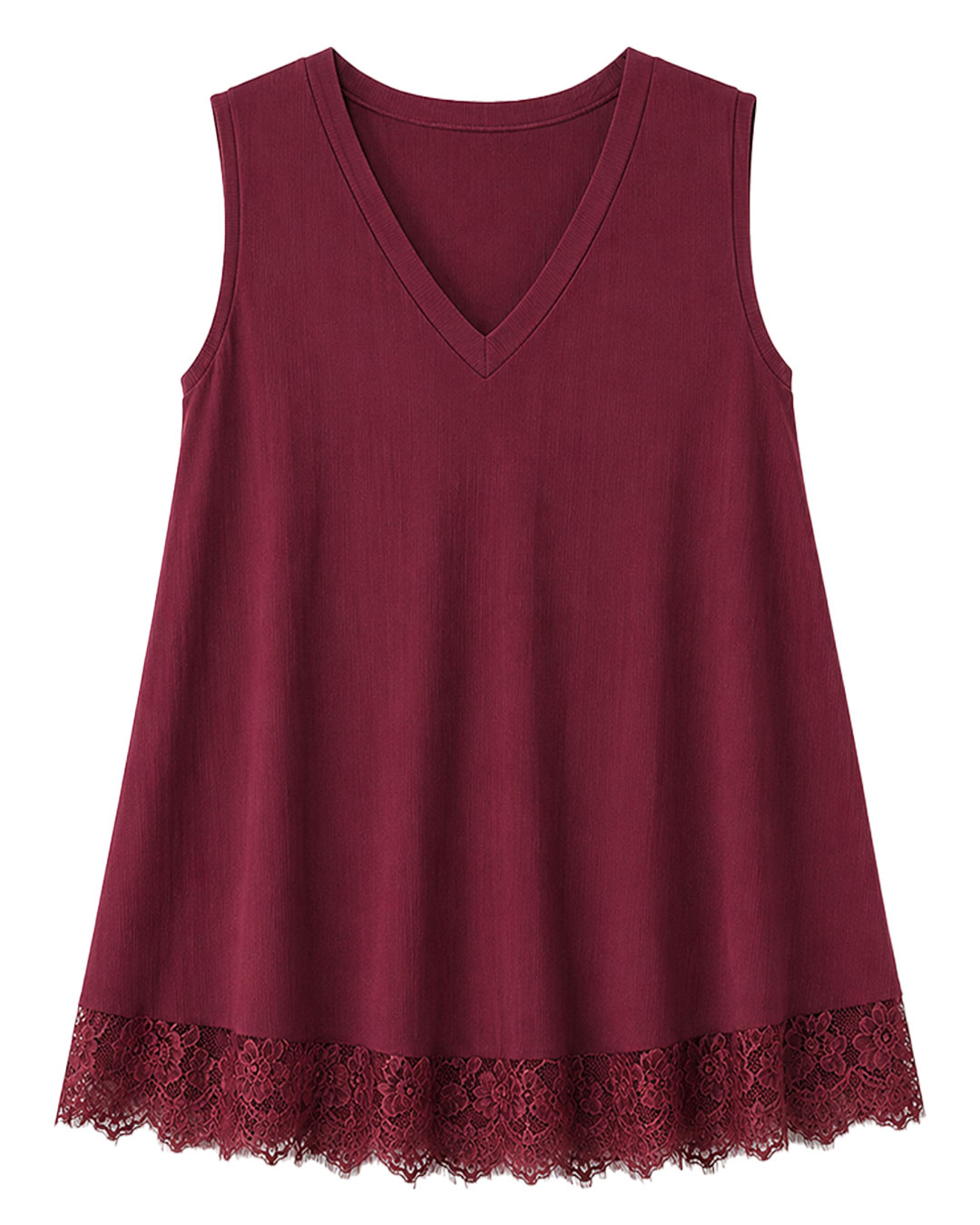 Camiseta Sicilia: camiseta sin mangas color burdeos en punto de viscosa fina con cuello en pico y bajo lencero de encaje de Quiles_Shop.