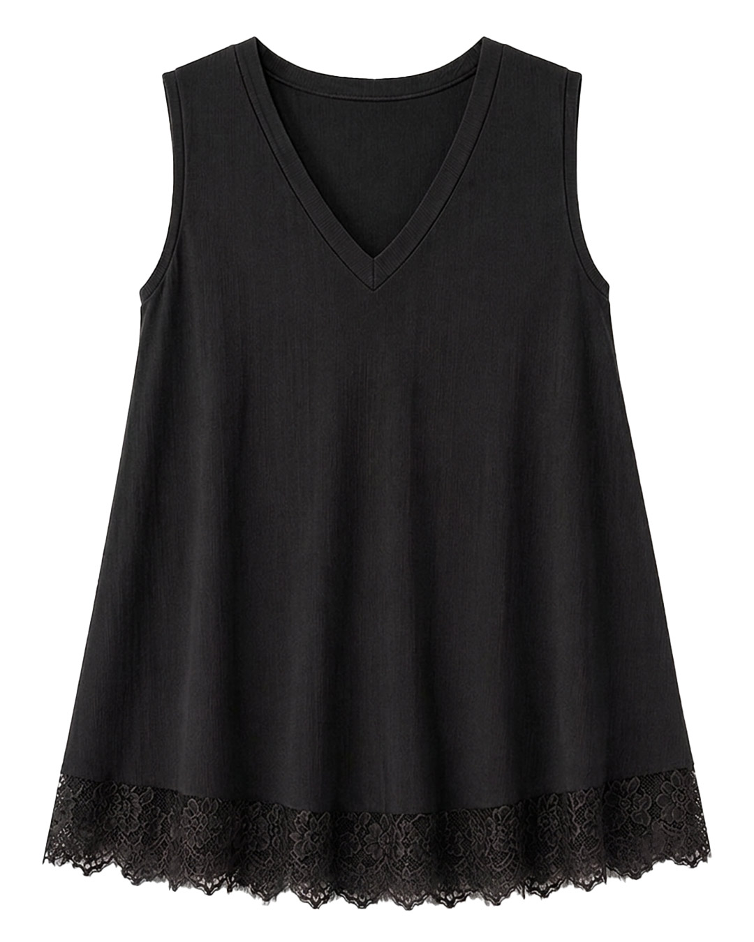 Camiseta Sicilia: camiseta sin mangas color negra en punto de viscosa fina con cuello en pico y bajo lencero de encaje de Quiles_Shop.