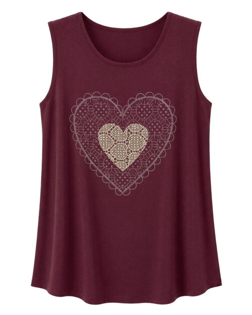 Camiseta Trevi: camiseta de diario sin mangas color burdeos en viscosa fluida con estampado de corazón en encaje troquelado y tachuelas brillantes de Quiles_Shop.
