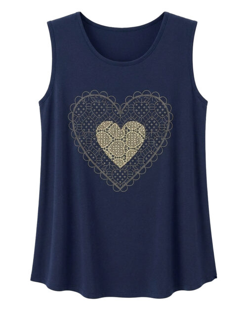 Camiseta Trevi: camiseta de diario sin mangas color marino en viscosa fluida con estampado de corazón en encaje troquelado y tachuelas brillantes de Quiles_Shop.