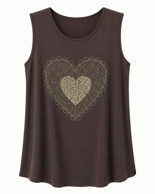 Camiseta Trevi: camiseta de diario sin mangas color marrón en viscosa fluida con estampado de corazón en encaje troquelado y tachuelas brillantes de Quiles_Shop.