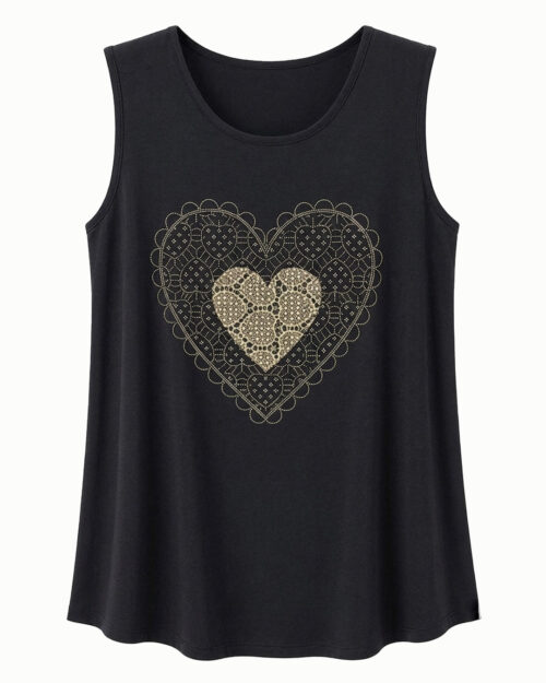 Camiseta Trevi: camiseta de diario sin mangas color negro en viscosa fluida con estampado de corazón en encaje troquelado y tachuelas brillantes de Quiles_Shop.