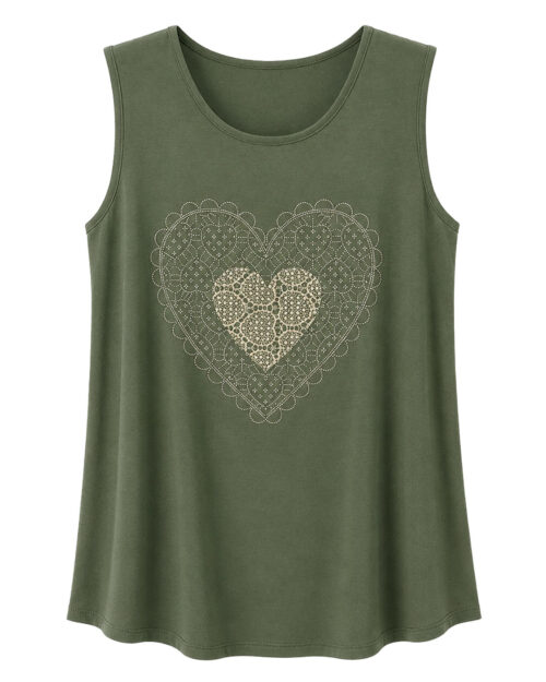 Camiseta Trevi: camiseta de diario sin mangas color verde en viscosa fluida con estampado de corazón en encaje troquelado y tachuelas brillantes de Quiles_Shop.