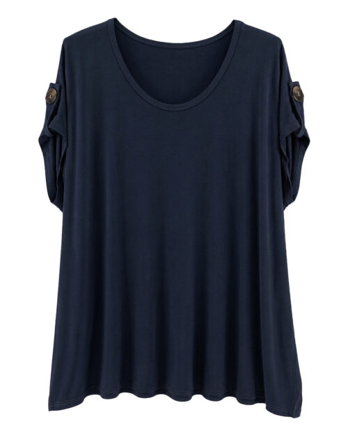 Camiseta Vogue: camiseta de diario de manga corta en tejido fluido de viscosa color marino con detalle de botón en la manga de Quiles_Shop.