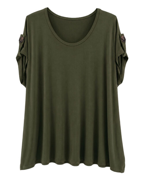 Camiseta Vogue: camiseta de diario de manga corta en tejido fluido de viscosa color verde con detalle de botón en la manga de Quiles_Shop.
