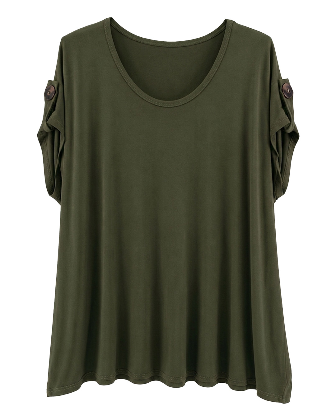 Camiseta Vogue: camiseta de diario de manga corta en tejido fluido de viscosa color verde con detalle de botón en la manga de Quiles_Shop.