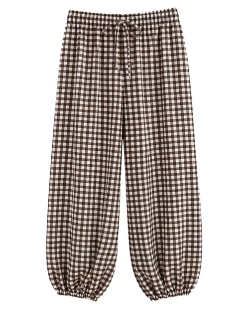 Pantalón Bombacho Vichy: pantalón de diario bombacho con estampado de cuadros vichy marrón y blanco con cintura elástica de Quiles_Shop.