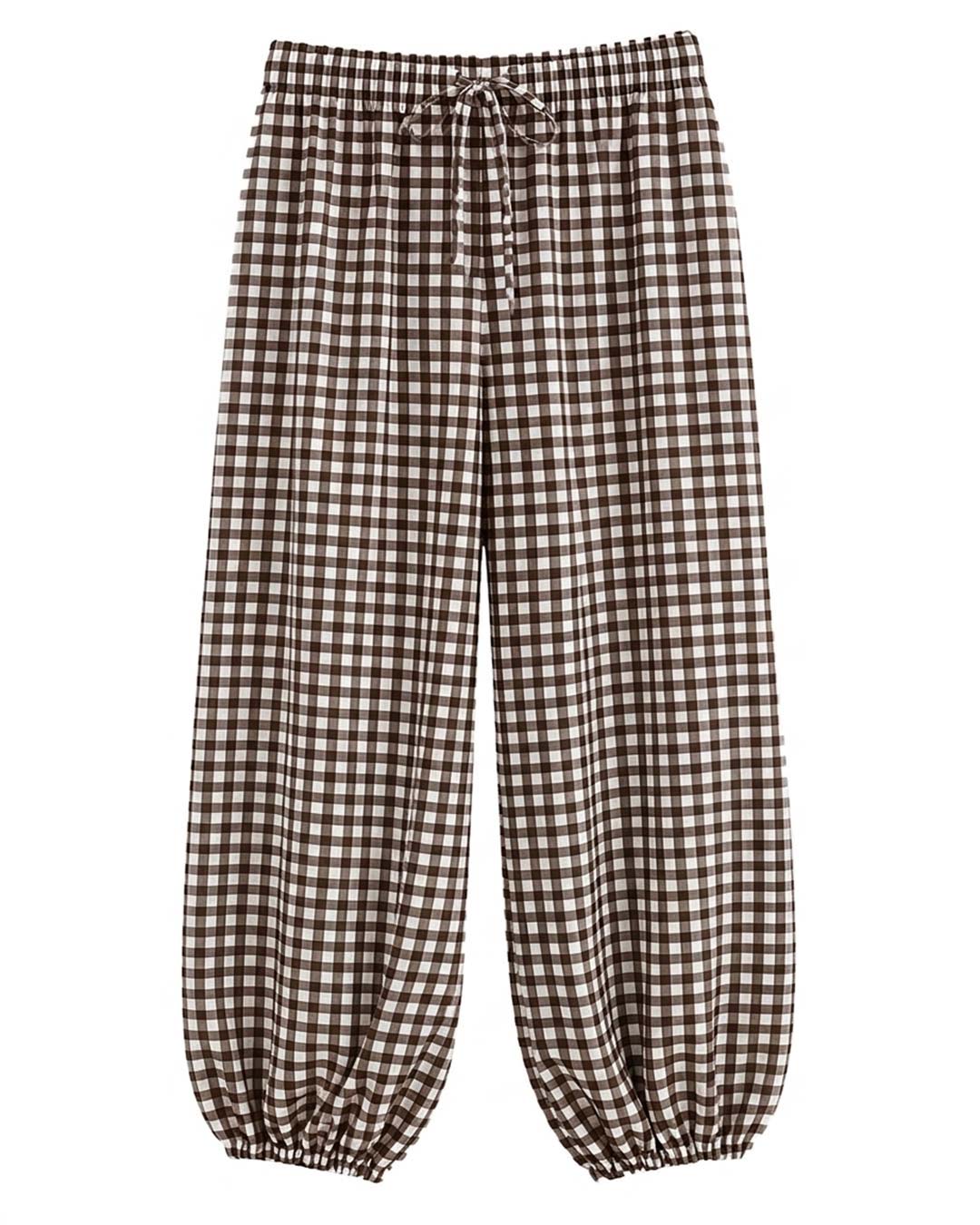 Pantalón Bombacho Vichy: pantalón de diario bombacho con estampado de cuadros vichy marrón y blanco con cintura elástica de Quiles_Shop.