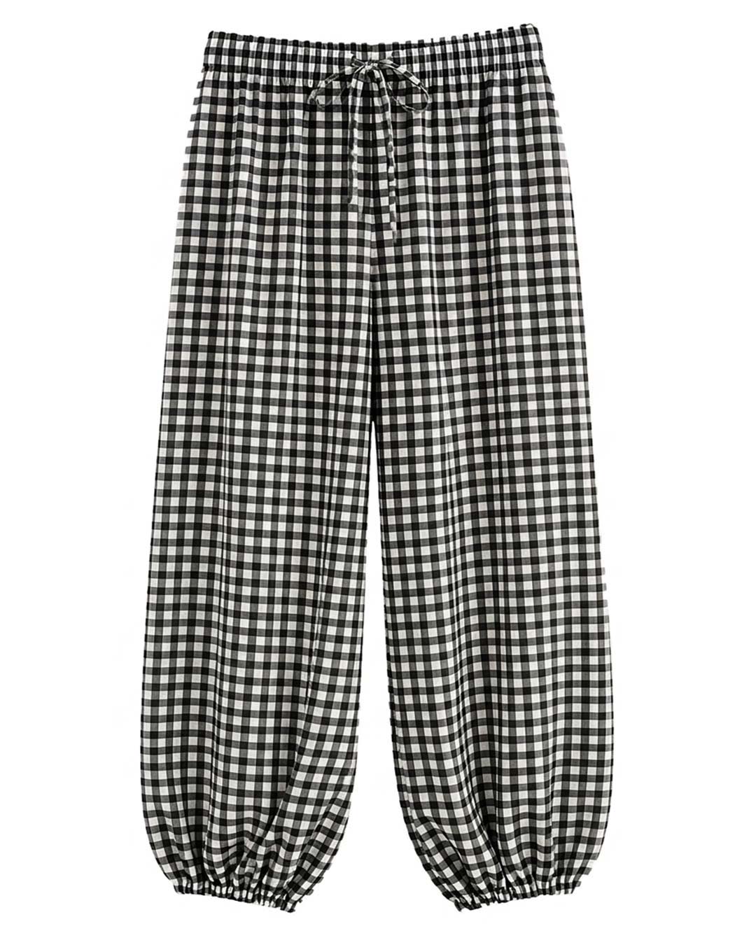 Pantalón Bombacho Vichy: pantalón de diario bombacho con estampado de cuadros vichy negro y blanco con cintura elástica de Quiles_Shop.