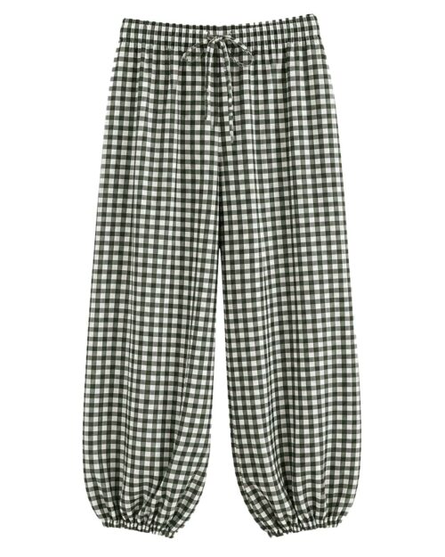 Pantalón Bombacho Vichy: pantalón de diario bombacho con estampado de cuadros vichy verde y blanco con cintura elástica de Quiles_Shop.