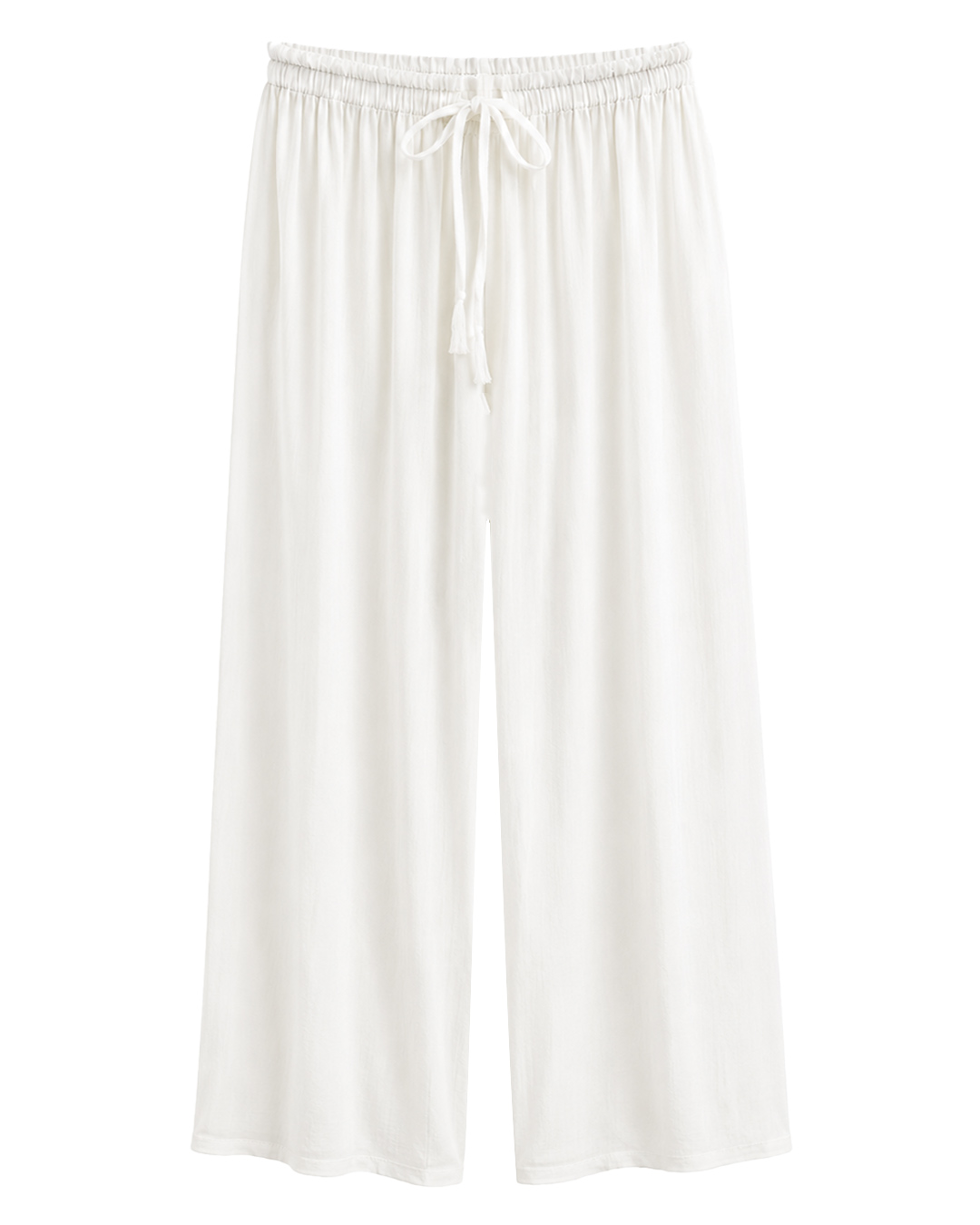 Pantalón Olimpo: pantalón palazzo en color blanco en viscosa fluida con bolsillos, textura de arrugas planas y cintura elástica con cordón de Quiles_Shop.
