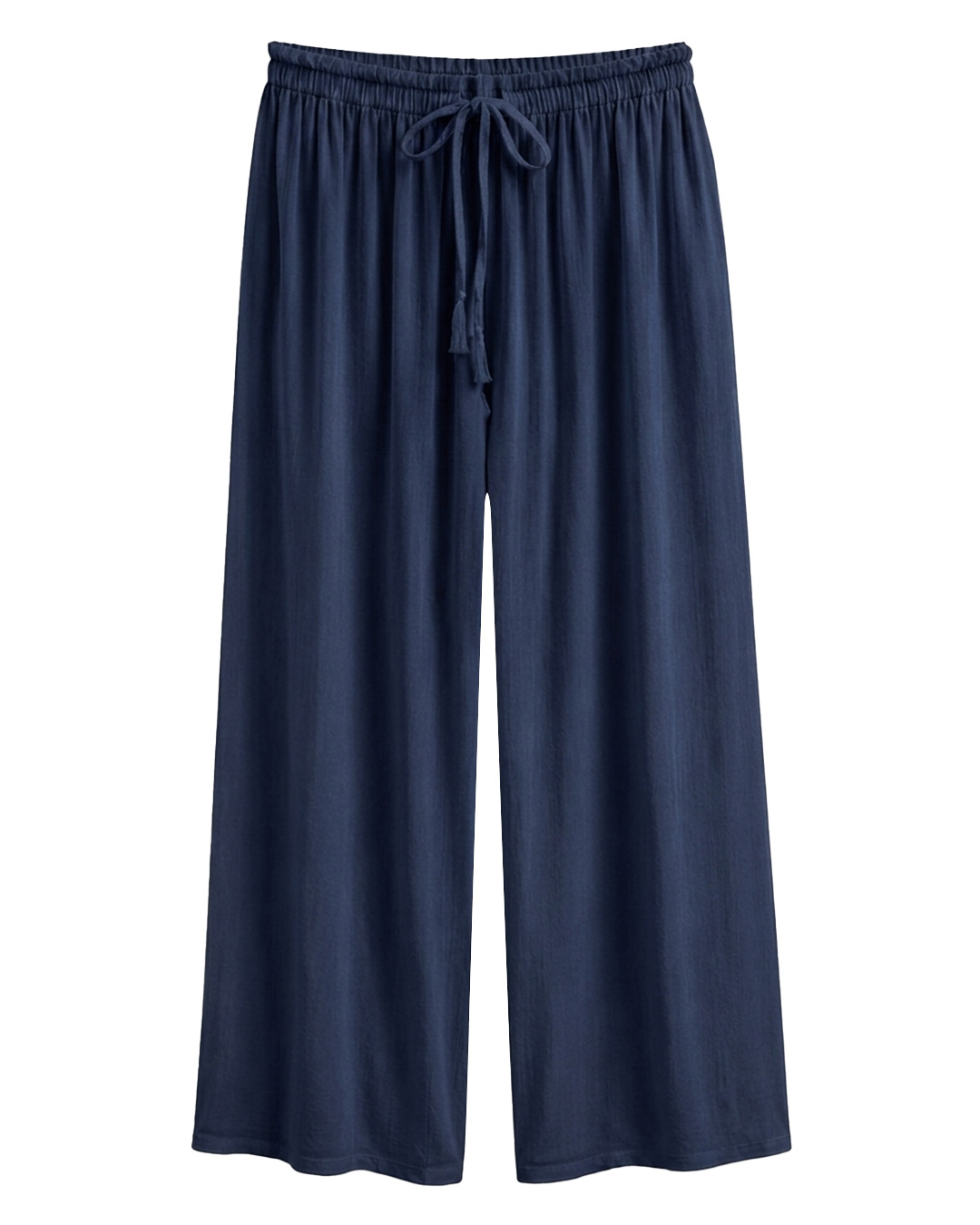 Pantalón Olimpo: pantalón palazzo en color azul marino en viscosa fluida con bolsillos, textura de arrugas planas y cintura elástica con cordón de Quiles_Shop.