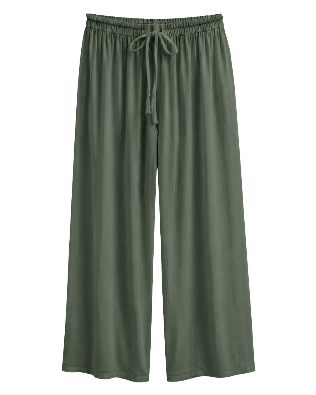 Pantalón Olimpo: pantalón palazzo en color verde en viscosa fluida con bolsillos, textura de arrugas planas y cintura elástica con cordón de Quiles_Shop.