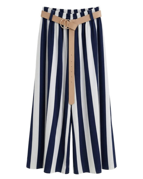 Pantalon Temis: pantalón ancho de rayas verticales para mujeres reales de tallas curvy con bolsillos prácticos, cintura de goma y cinturón liso con hebilla de Quiles_Shop.