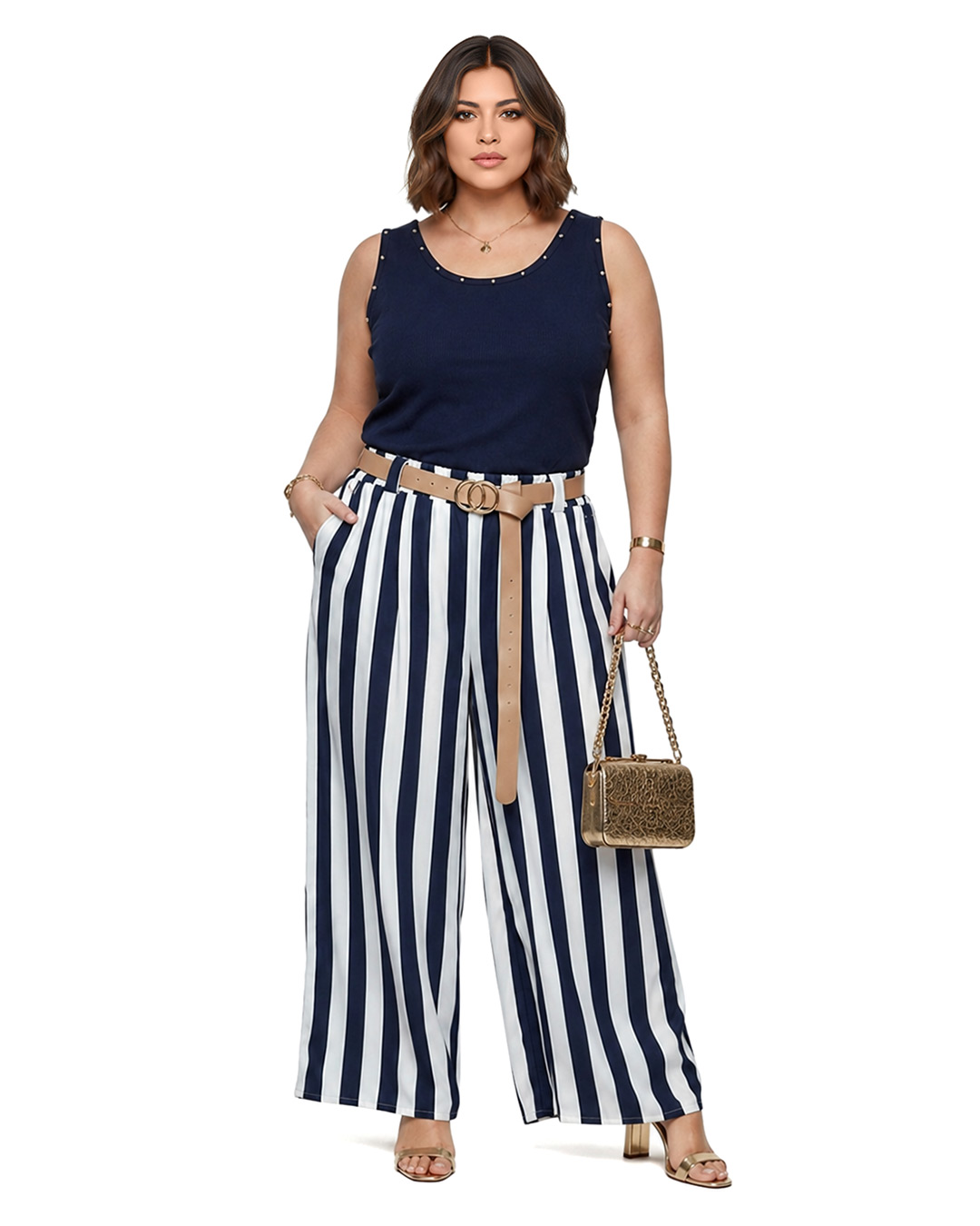 Pantalon Temis: pantalón ancho de rayas verticales para mujeres reales de tallas curvy con bolsillos prácticos, cintura de goma y cinturón liso con hebilla de Quiles_Shop.