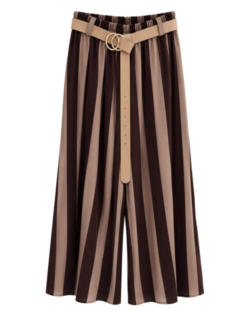 Pantalon Temis: pantalón ancho de rayas verticales para mujeres reales de tallas curvy con bolsillos prácticos, cintura de goma y cinturón liso con hebilla de Quiles_Shop.