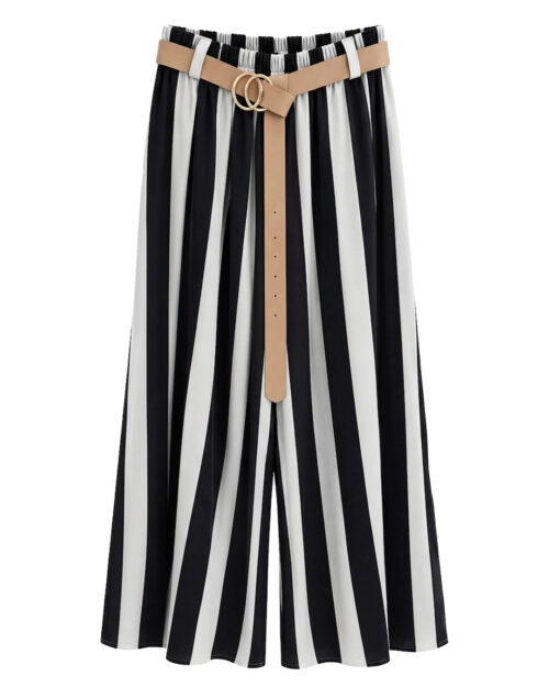 Pantalon Temis: pantalón ancho de rayas verticales para mujeres reales de tallas curvy con bolsillos prácticos, cintura de goma y cinturón liso con hebilla de Quiles_Shop.