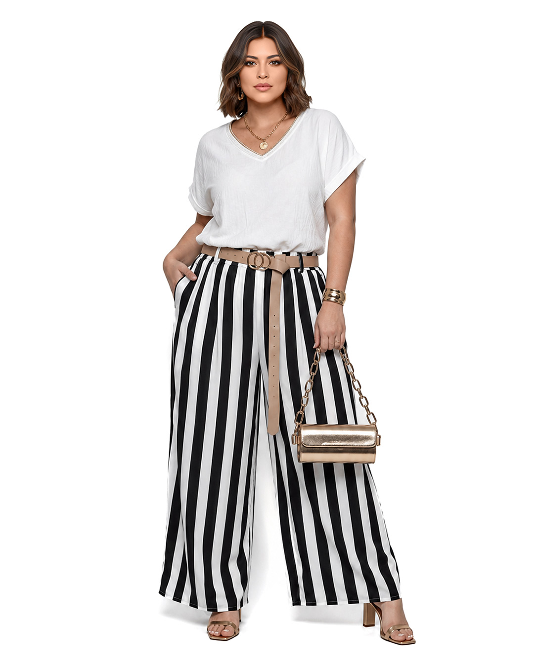 Pantalon Temis: pantalón ancho de rayas verticales para mujeres reales de tallas curvy con bolsillos prácticos, cintura de goma y cinturón liso con hebilla de Quiles_Shop.