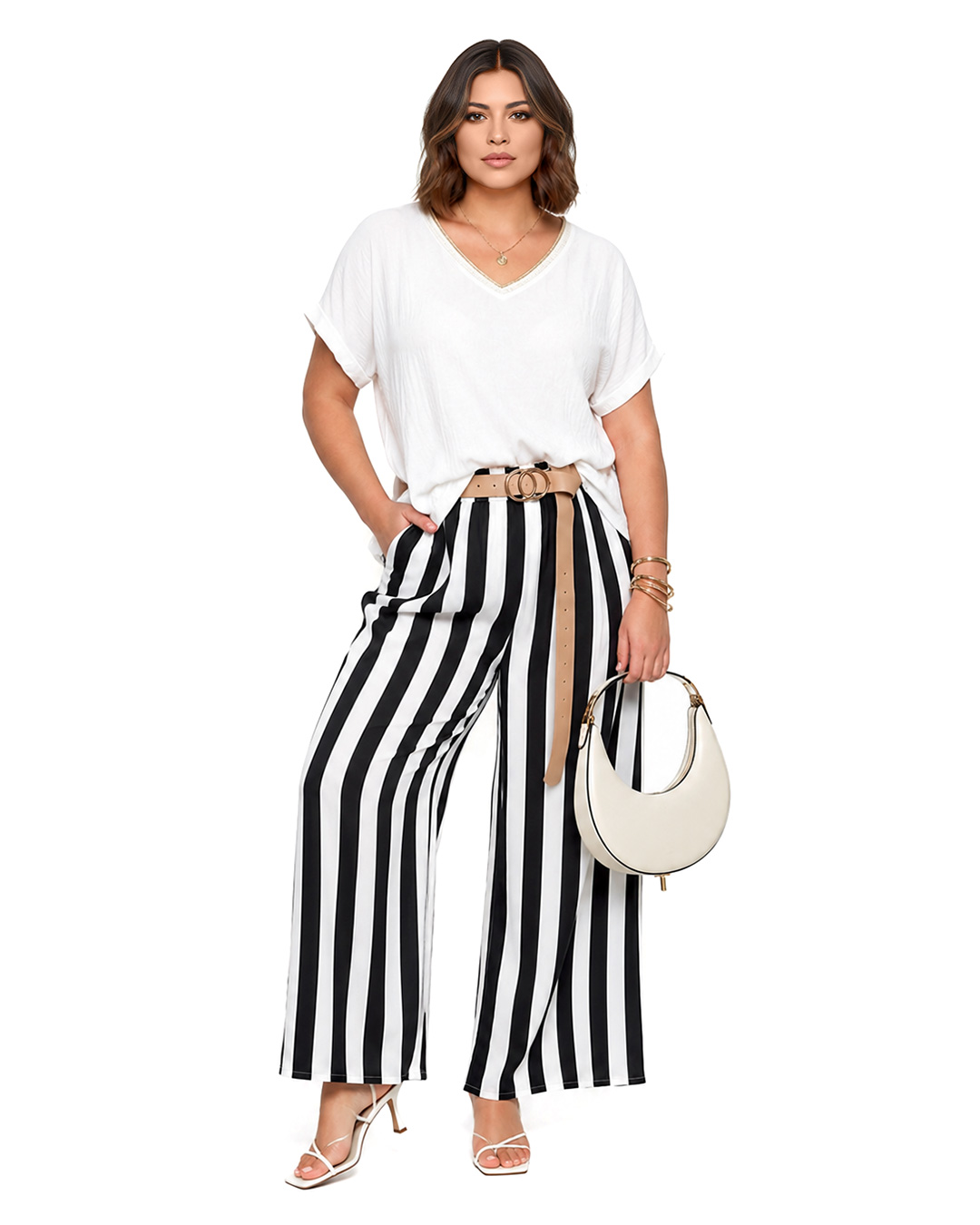 Pantalon Temis: pantalón ancho de rayas verticales para mujeres reales de tallas curvy con bolsillos prácticos, cintura de goma y cinturón liso con hebilla de Quiles_Shop.