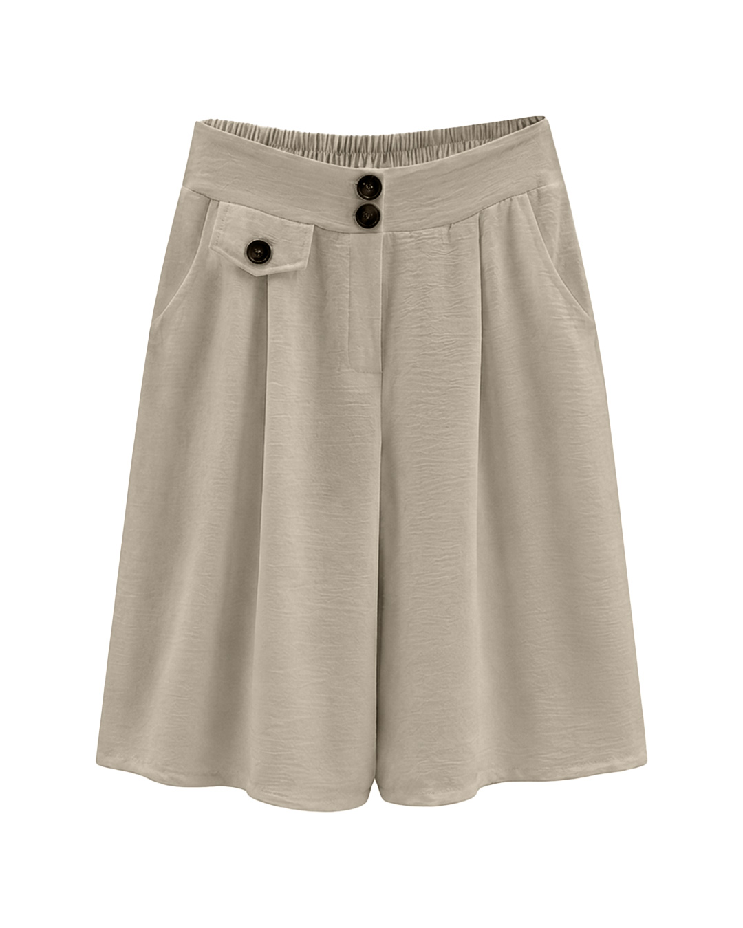 Bermuda Capri: falda pantalón de diario color beige en viscosa fluida elástica con bolsillos, botones decorativos de carey y cinturilla trasera elástica de Quiles_Shop.