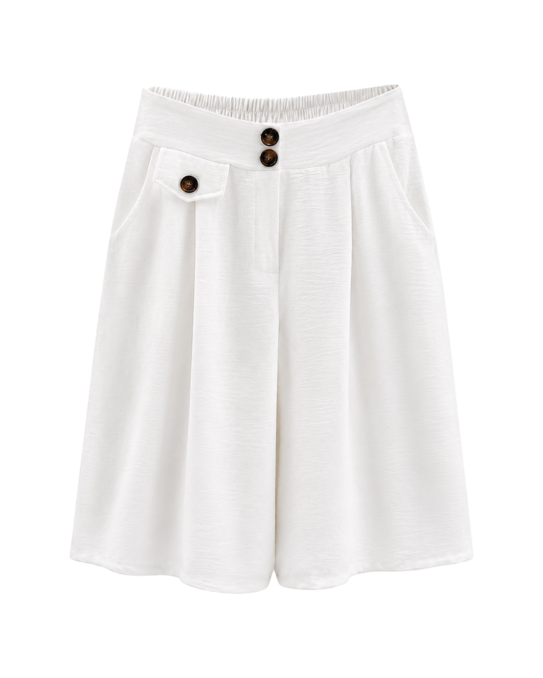 Bermuda Capri: falda pantalón de diario color blanco en viscosa fluida elástica con bolsillos, botones decorativos de carey y cinturilla trasera elástica de Quiles_Shop.