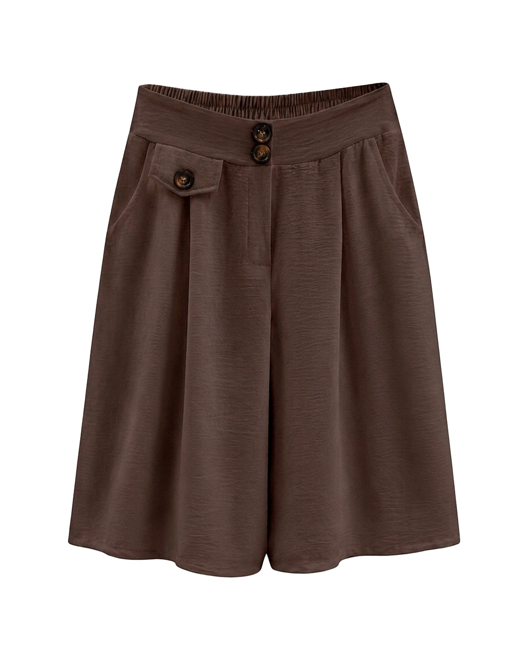 Bermuda Capri: falda pantalón de diario color marrón en viscosa fluida elástica con bolsillos, botones decorativos de carey y cinturilla trasera elástica de Quiles_Shop.