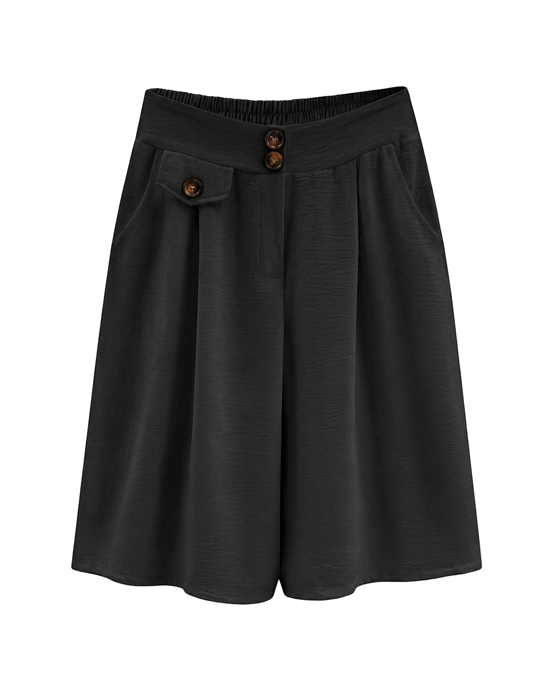 Bermuda Capri: falda pantalón de diario color negro en viscosa fluida elástica con bolsillos, botones decorativos de carey y cinturilla trasera elástica de Quiles_Shop.