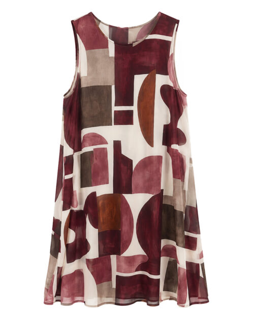 Vestido Armonía: vestido corto sin mangas para mujeres reales de tallas curvy con estampado geométrico abstracto y cuello redondo de Quiles_Shop.